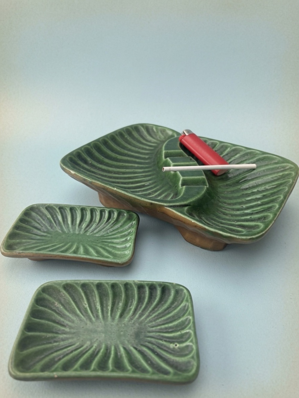 Vintage Green Ash Tray Set Made in Japan MCM